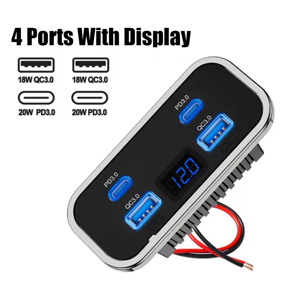 4 Ports Car Charger Dual USB Type-C Fast Charging Socket Panel QC3.0+PD3.0 Power Adapter For RV Bus Car Accessories