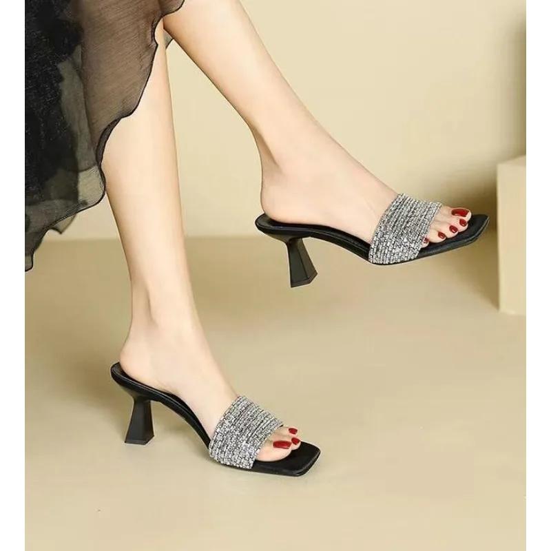 Luxury Designer Shiny Crystal Slippers Women Outdoor Slides Black High-heeled Sandal Bling Sandalias Open Toe Glitter Flip Flops