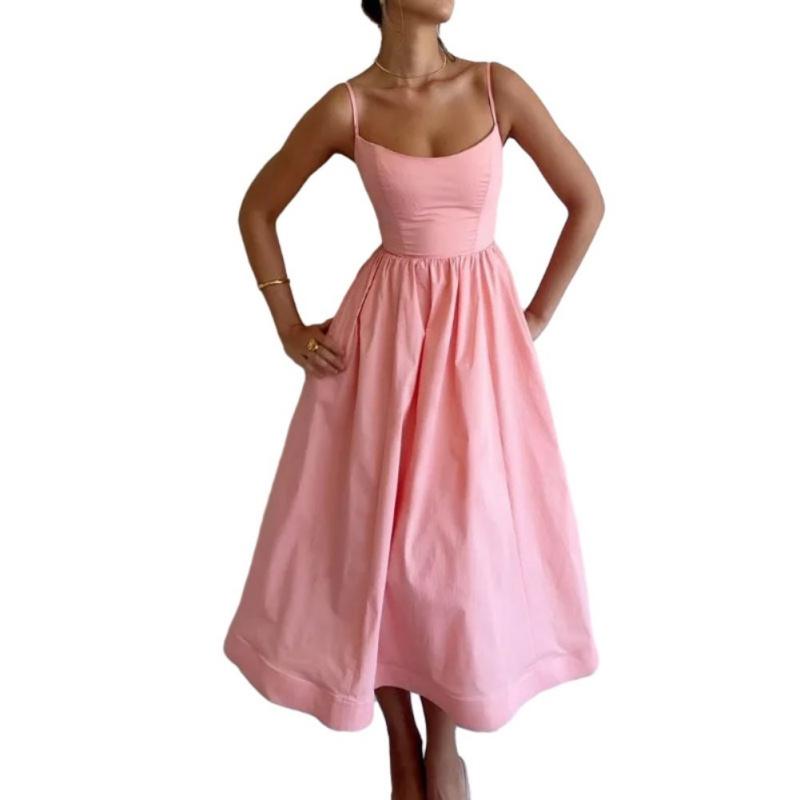 Women Summer Dress Solid Color U Neck High Waisted Pleated Halter Swing Dress