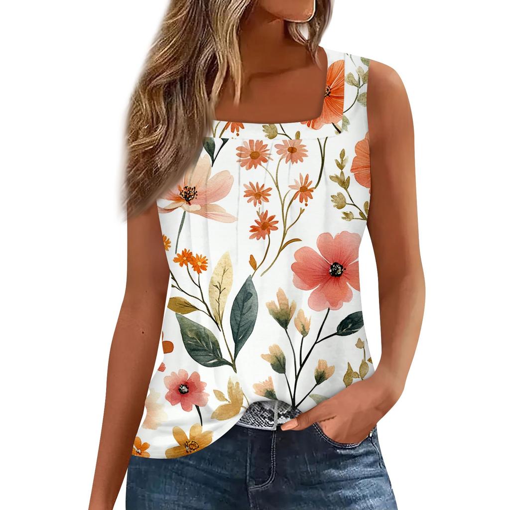 Women's Fashion Pleated Printed Square Neck Vest Top
