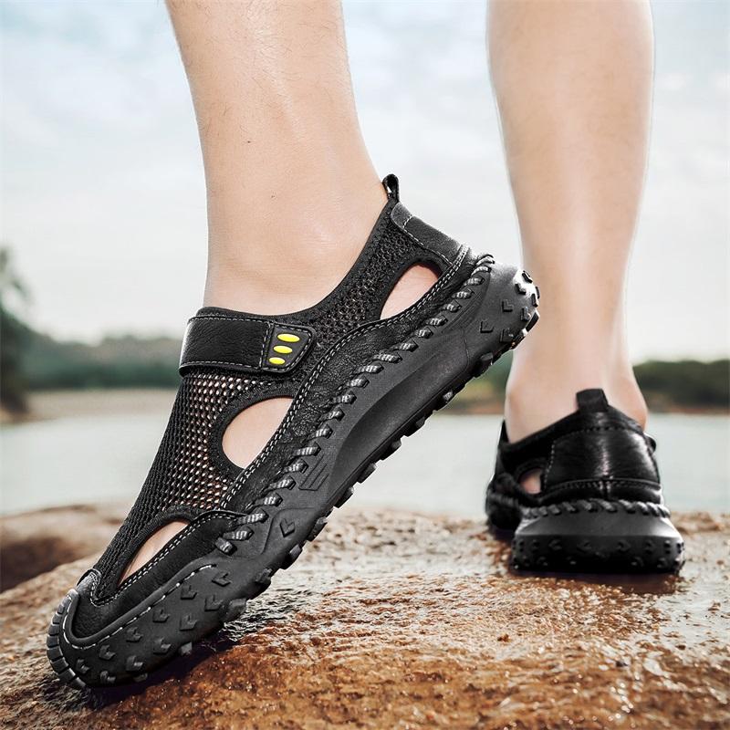 Sandale de vară respirabile pentru bărbați, sandale romane la modă, pantofi casual din plasă făcuți manual cu platformă, sandale de plajă de exterior pentru bărbați