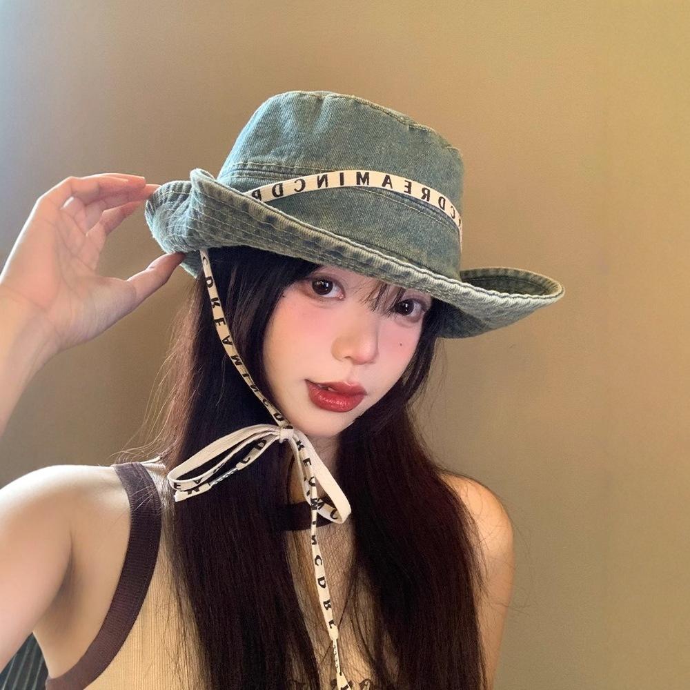 Letter strap cowboy hiking hat women's outdoor hiking big head bucket hat vintage western cowboy hat