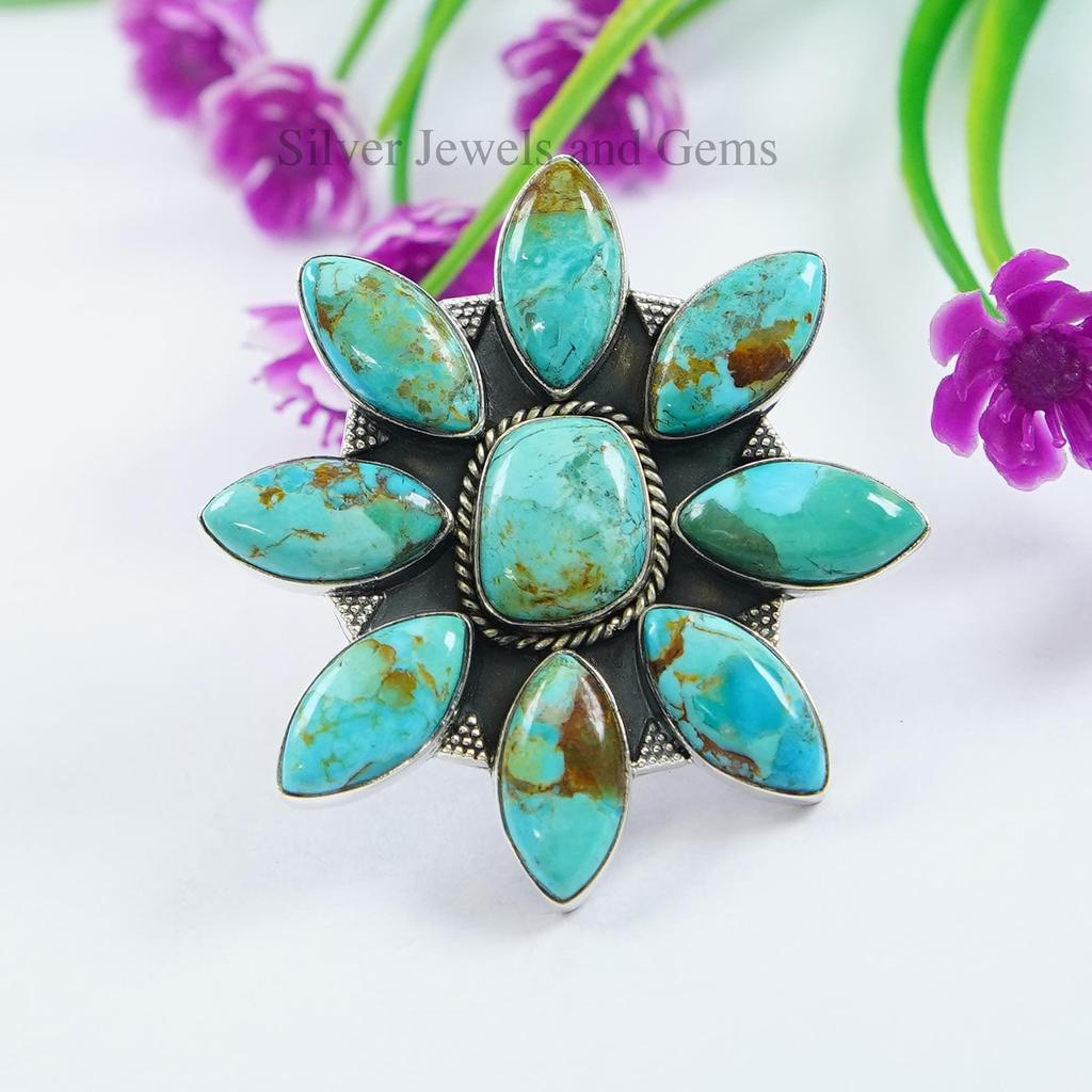 Handmade Kingman Turquoise Cluster Ring, 925 Sterling Silver Statement Ring