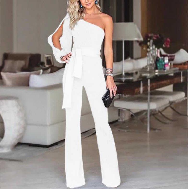 Dámský jednoramenný dlouhý overal Vysoký pas Rozšířené kalhoty Slim Fit Jednobarevný Streetwear Sexy párty Dlouhý overal