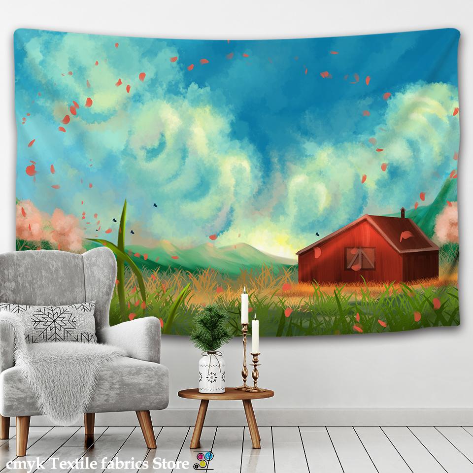 Red House Oil Painting Tapestry Wall Hanging Blue Sky Grassland Bohemian Psychedelic Farm Dormitory Studio Wall Decor