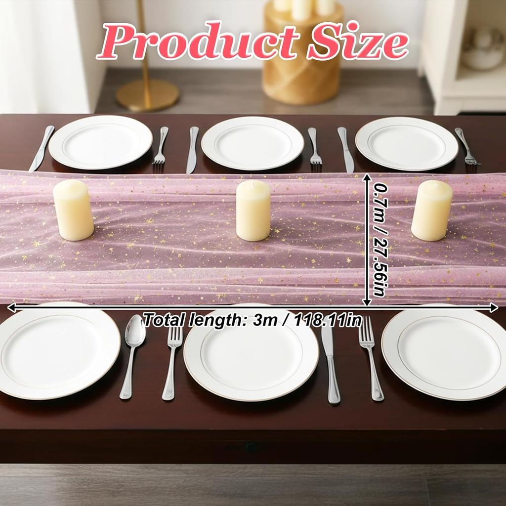 10FT × 2.3FT Pink Lace Table Runner, Gold Stars Foil Glitter Table Runner Sheer Chiffon Tulle Cheesecloth Wedding Runners, Golden Sequin Glitter