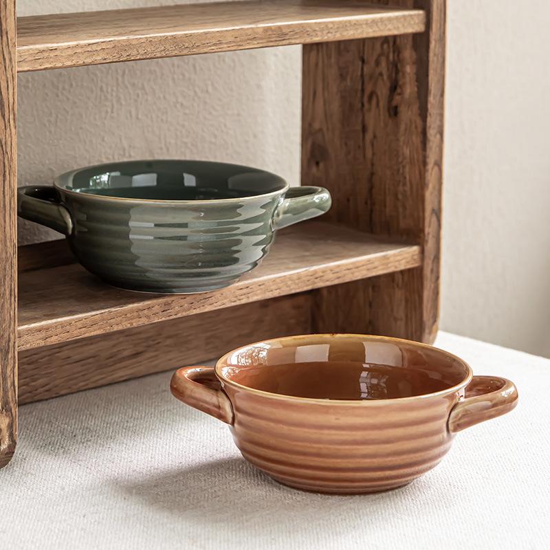 Retro Creative Ring Pattern Ceramic Binaural Bowl Salad Bowl Household Solid Color Tableware Bowl Irregular Soup Bowl Fruit Bowl