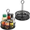 Lyellfe Condiment Caddy, Restaurant Table Caddy with Menu Number Card Holder, Metal Black Decorative Engraving, Tabletop Condiment Organizer for