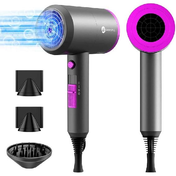 Slopehill Professional Ionic Hair Dryer, Powerful 1800W Fast Drying Low Noise Blow Dryer with 2 Concentrator Nozzle 1 Diffuser Attachments for Home