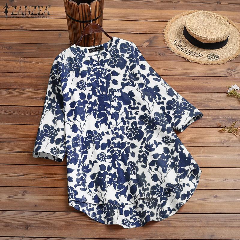 

ZANZEA Цветочный принт Повседневная O-образный вырез 3/4 рукав Хлопчатобумажная футболка