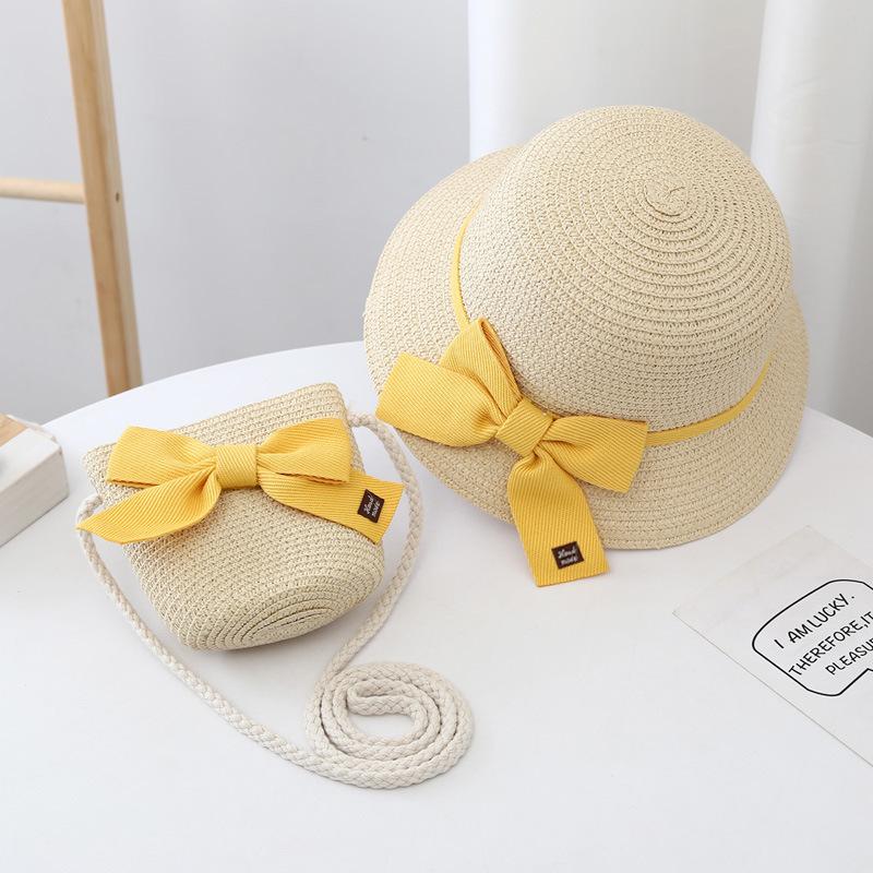 Sommer Baby Mädchen Strohhut und Umhängetasche 2er Set Eltern-Kind Breiter Rand Spitze Urlaubsstrand Sonnenhüte Outdoor Eimerhut