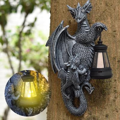 Solar-Powered Dragon Statue Outdoor Garden Ornament with LED Glow Weather-Resistant Resin Fantasy Decor for Patio Wall Fence Lighting