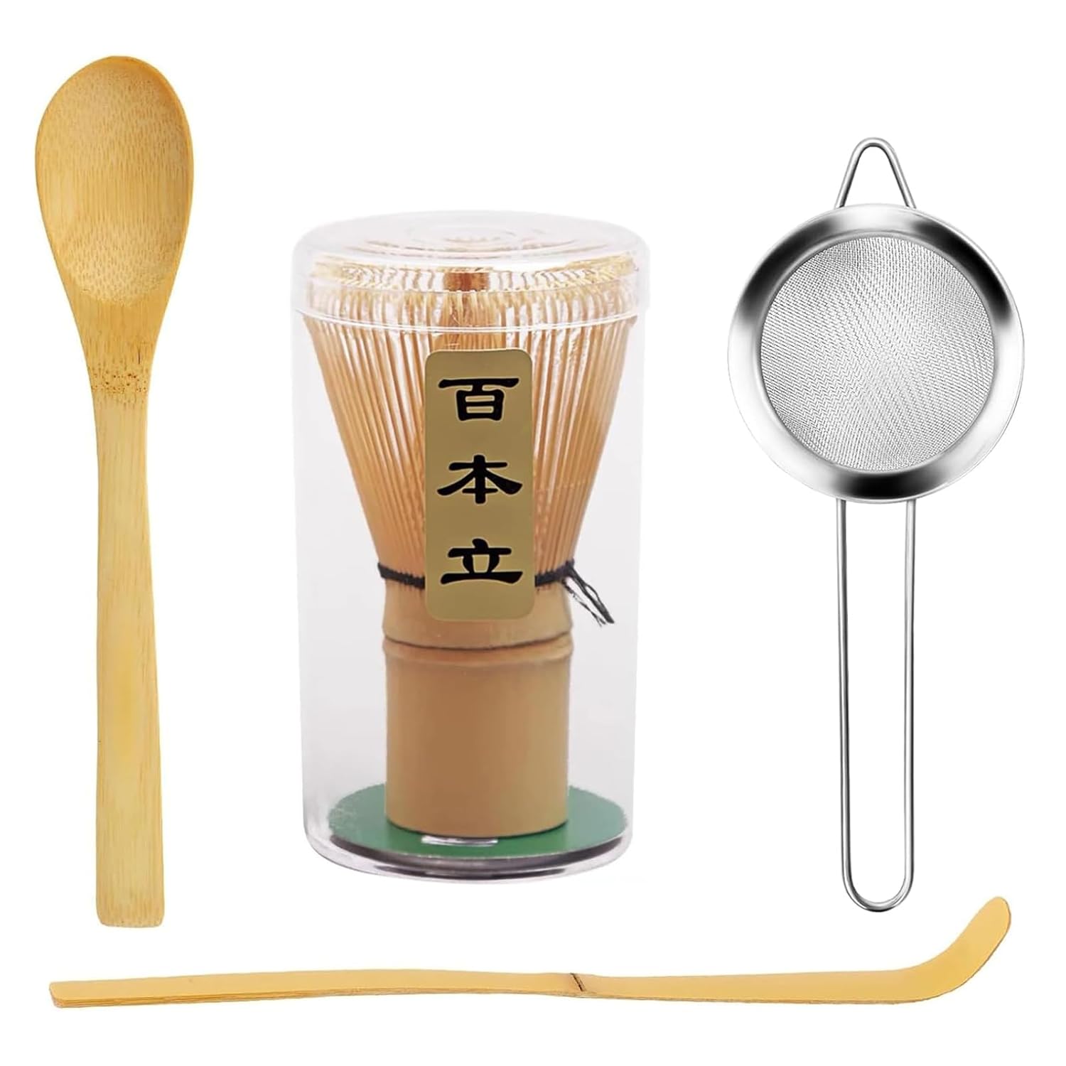 BTtime Chasen 100-Piece Stand Tea Ceremony Tools 4-Piece Set Bamboo Scoop Matcha Powder Whisk (Chasen + Chashaku Chasaji Sifter)