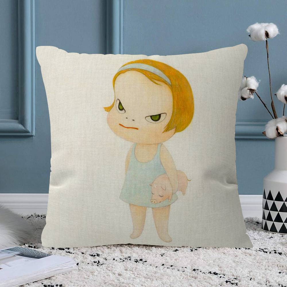 YYoshitomo Nara Art Lovely melancholy Pillow Sofa Decorative Home Doublesided Printing Short Plush Cute Cushion Cover