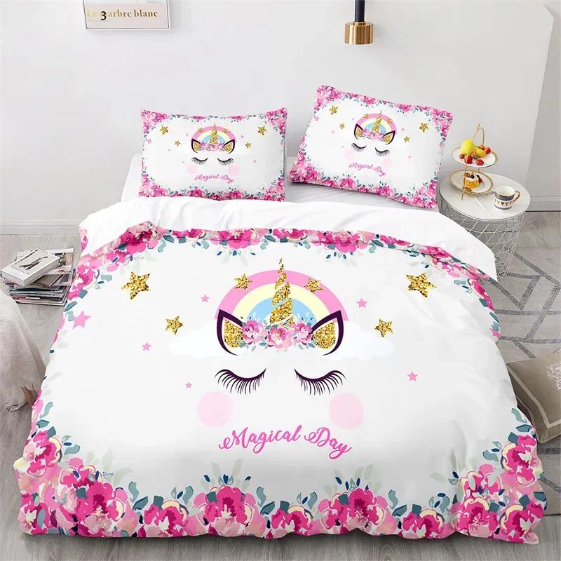 Cartoon Unicorn Duvet Cover Floral Rainbow Quilt Cover Microfiber 3D Girl's Eyelash Bedding Set Full For Kids Teen Kawaii Room