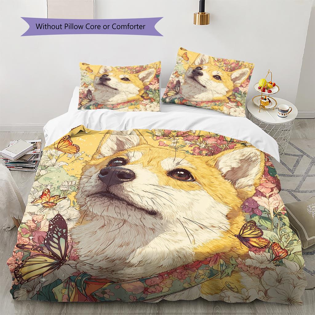 Shiba Inu and Fresh Flowers Pattern Bedding Home Decoration Birthday Gift (1 * duvet cover + 2 * pillowcase, without core)