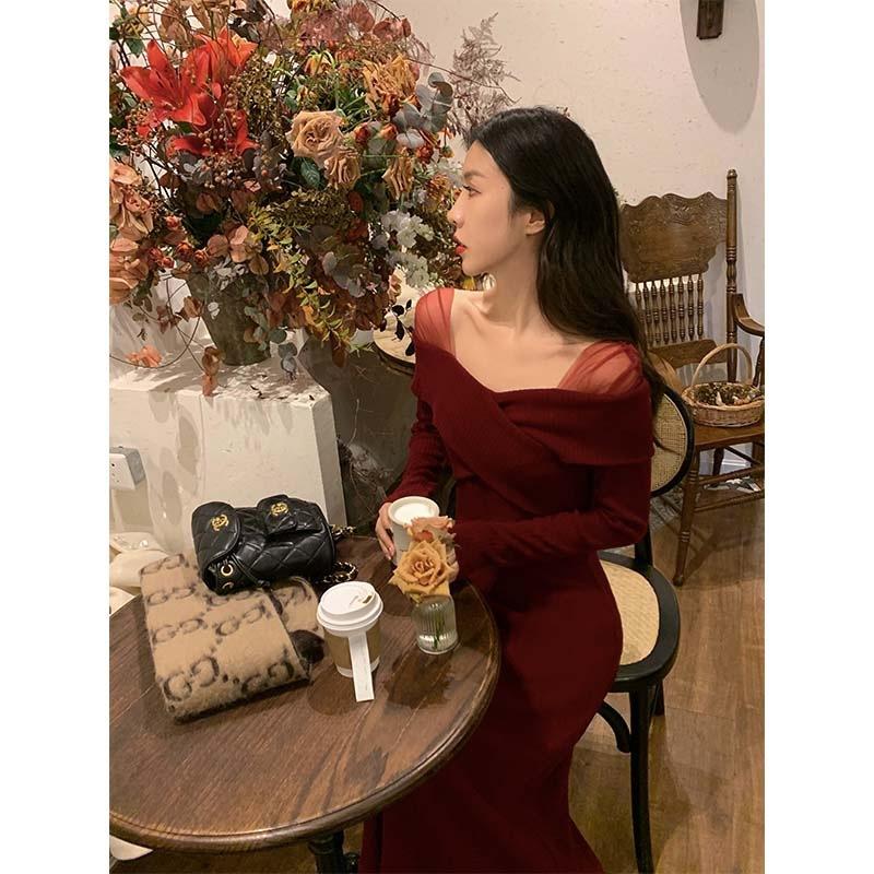 

Осень и зима высококлассный нежный трикотажный свитер-юбка с сетчатыми вставками красное рождественское детское платье-юбка XL красный