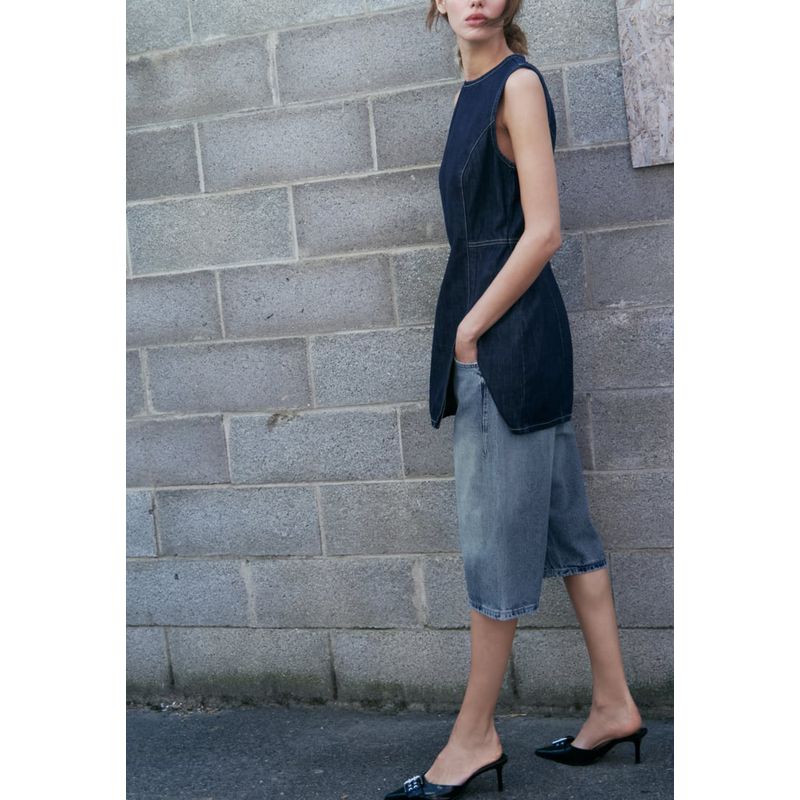 Spring and Summer New Arrival Women's Clothing Fashion Style Waist-Tight Slim Looking Sleeveless Slit Hemline At Hem Denim Dress 3643080