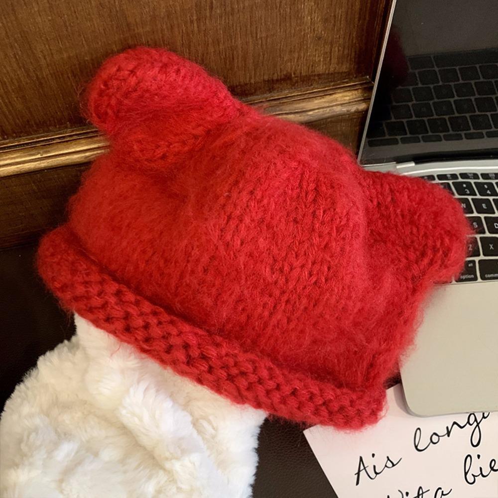 Fluffy Bear Ear Woolen Hat Soft Brimless Beanie Cap Fashion Knitted Pullover Hat  Winter