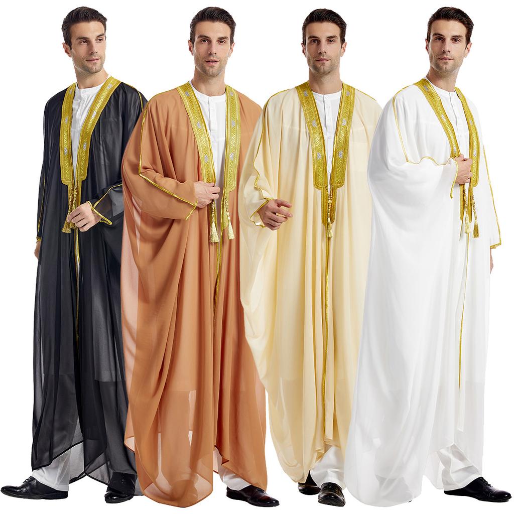 Men's Loose Long Robe Vintage Long Sleeve Cloak Embroidery Tassel Chiffon Cardigan Single Outerwear Traditional Casual Open Front Long Gown