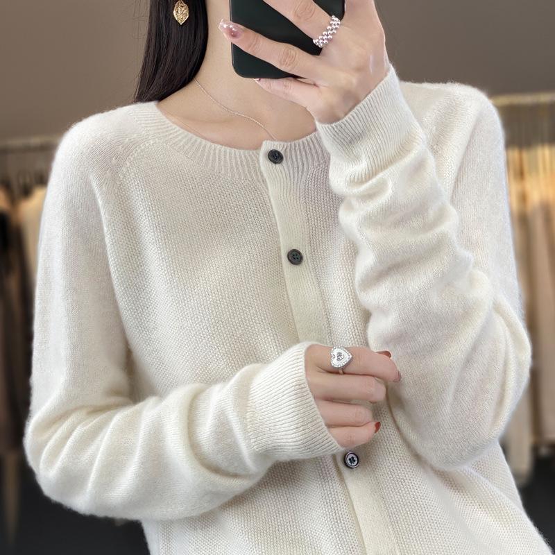 Women's Loose Cashmere Wool Cardigan – Autumn/Winter Osmanthus Stitch Knit Top