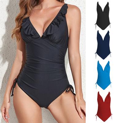 Solid Bathing Suits Summer One Piece Swimsuit Women Ruffle V Neck Beachwaer Lady Bodysuit Swimwear