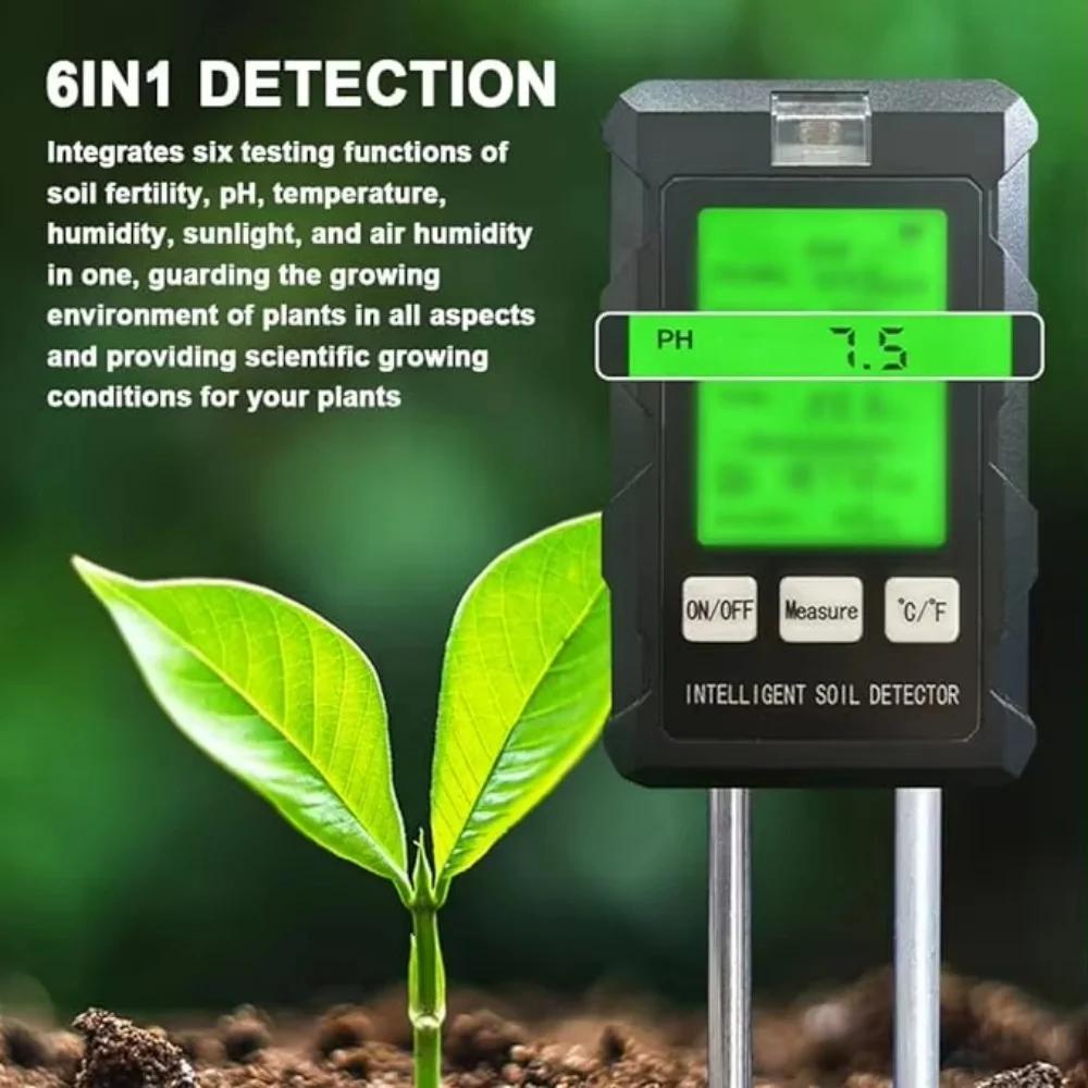 6 In 1 Soil PH Meter Sunlight Ambient Humidity Temp Soil Moisture Tester Air Moisture Nutrient Fertility Meter Gardening Tools