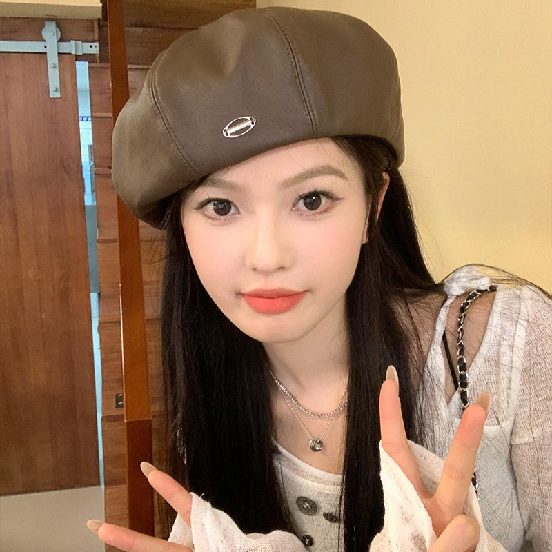 

Leather Chic Pu Beret Cap For Women In Trendy Brown Black And Beige Colors Perfect For Fashion Lovers In Spring Autumn кавовий