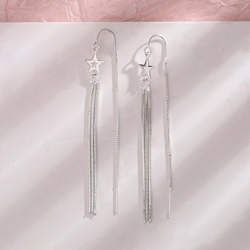 Hollow Five-Pointed Star Fringed Earrings, Sweet Girlish Temperament, Simple Style, Long Star Earrings, Korean