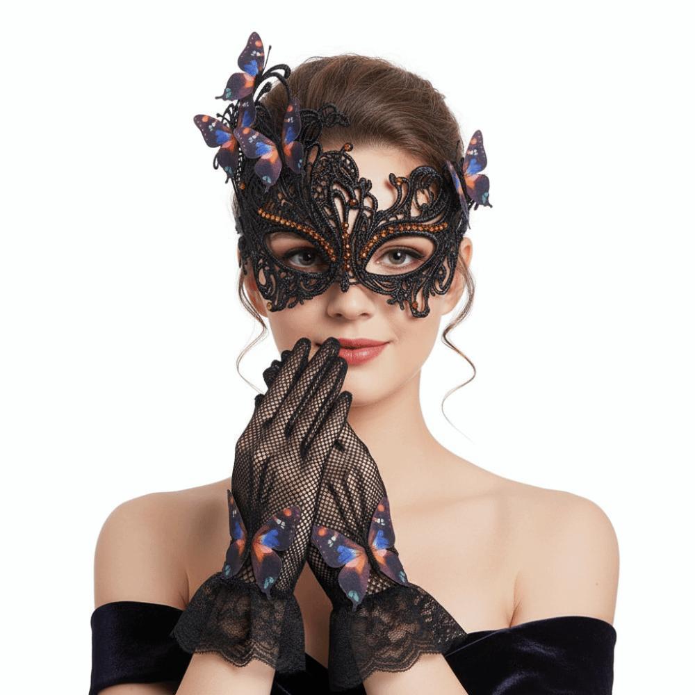 Lace Rhinestone Butterfly Prom Mask+ Gloves Sexy Vintage Half Face Mask Set Elegant Halloween Lace Masquerade Masks