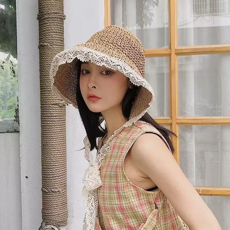 Hat Women's Spring and Summer Versatile Big Brim Straw Hat Summer Seaside Bucket Hat Face Small Sunscreen Hat Sun Hat