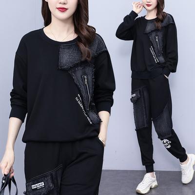 Costume Printemps et Automne Femme Pull Ample Patchwork Denim Imprimé Manches Longues Deux Pièces Décontracté Grande Taille Vêtements Femme