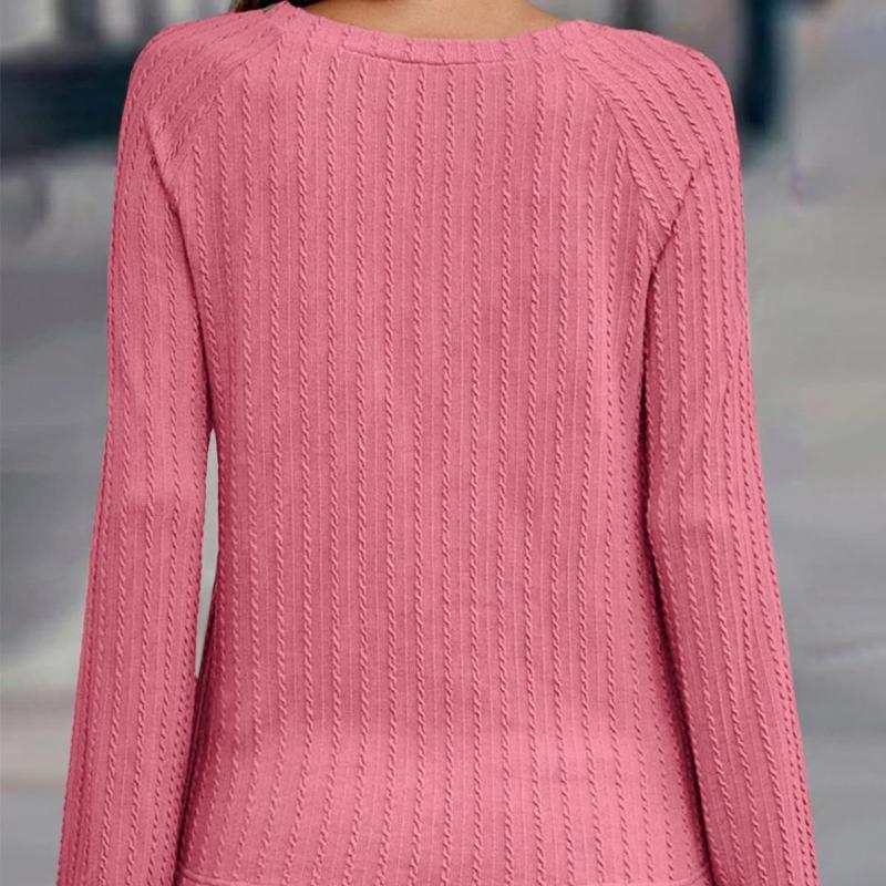 Long Sleeves Casual Pullover Round Neck Textured Loose Long-sleeved T-shirt Top