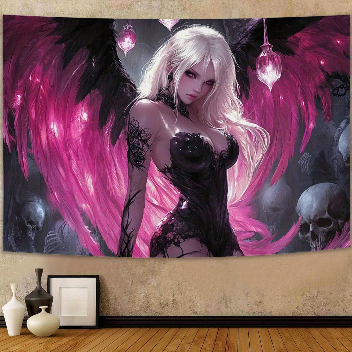 

Dark Angel Tapestry Pink Wings Gothic Beauty Intricate Lace Mysterious Skulls Shadows for Bold and Seductive Home Decor 74x94cm(29x37in)
