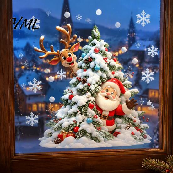 Removable Glass Stickers for Party Xmas Tree Santa Window Sticker, Static Cling Snowy Elk Waterproof PVC Christmas Decal Decal, Doors Windows Sticker