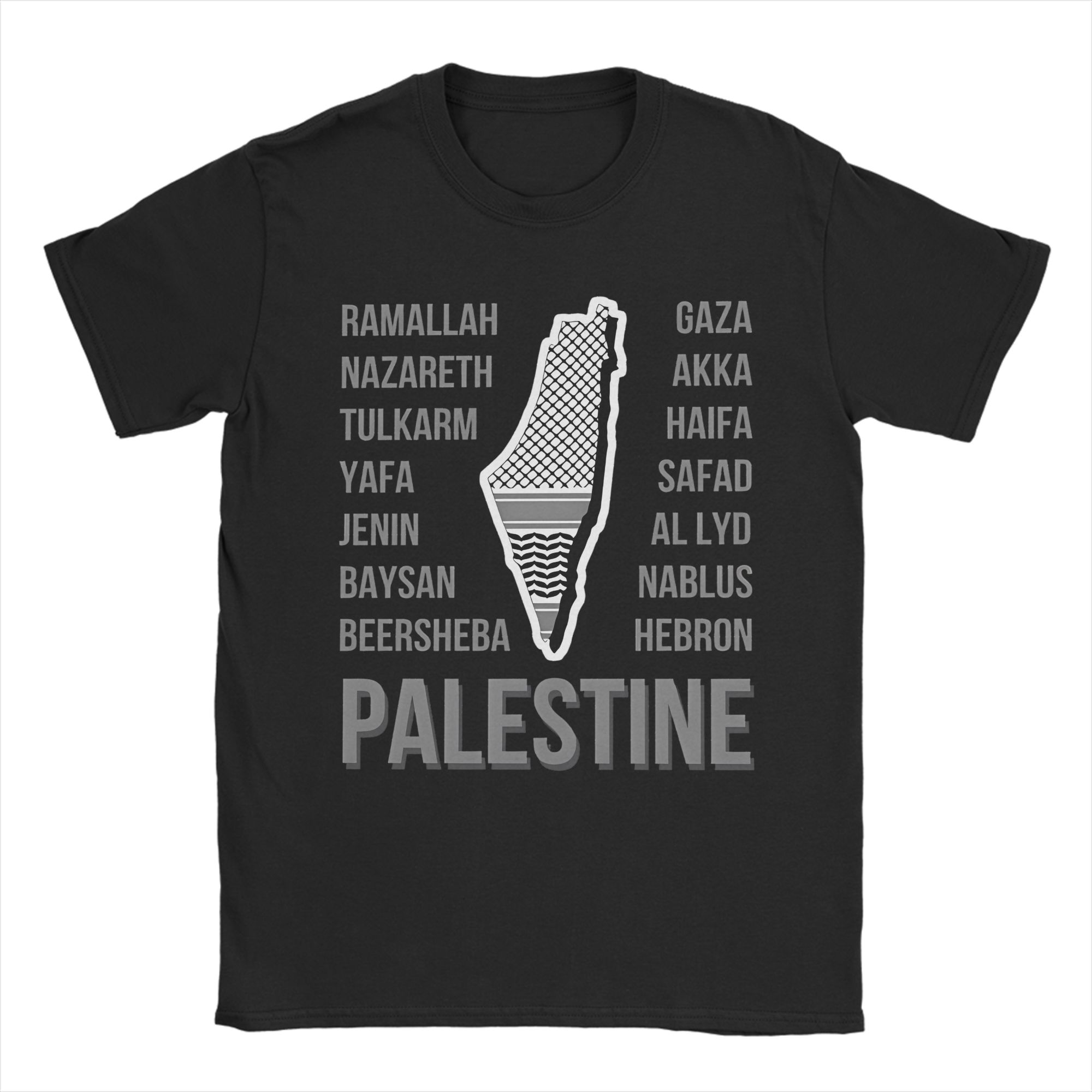 

Palestine Cities and Map with Keffiyeh Print T Shirt Summer T Shirts Men 100% Cotton Plus Size Clothes Short-Sleeved Tops 5XL різнокольоровий