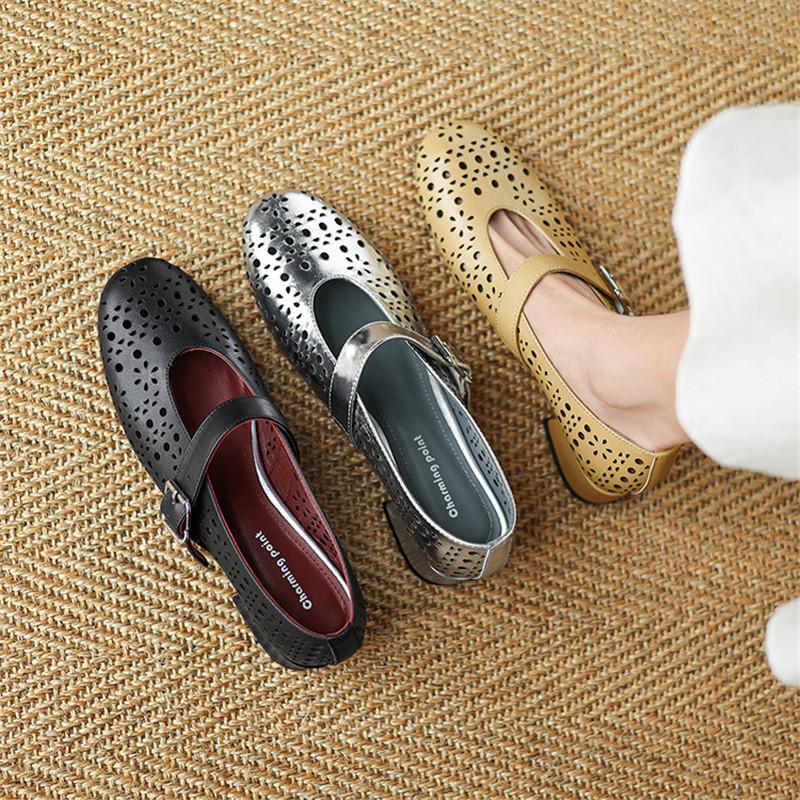 Fashion New Spring/autumn Genuine Leather Women Shoes Round Toe Shoes for Women Fashion Hollow Out Mary Jane Shoes Mid Heels Women Pumps