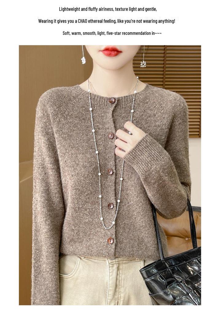 Women's 100% Pure Wool Round Neck Cardigan Sweater - Autumn/Winter Korean Style Knit Outerwear