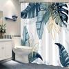 Tropical Blue Leaf Shower Curtain - Banana & Monstera Leaves, Golden-Yellow Stems, Lush Greenery, Vibrant Abstract Design