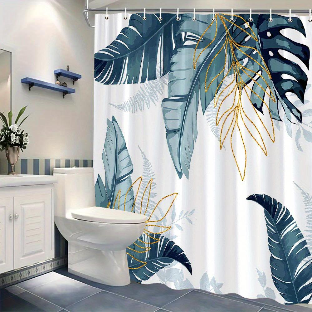 Tropical Blue Leaf Shower Curtain - Banana & Monstera Leaves, Golden-Yellow Stems, Lush Greenery, Vibrant Abstract Design