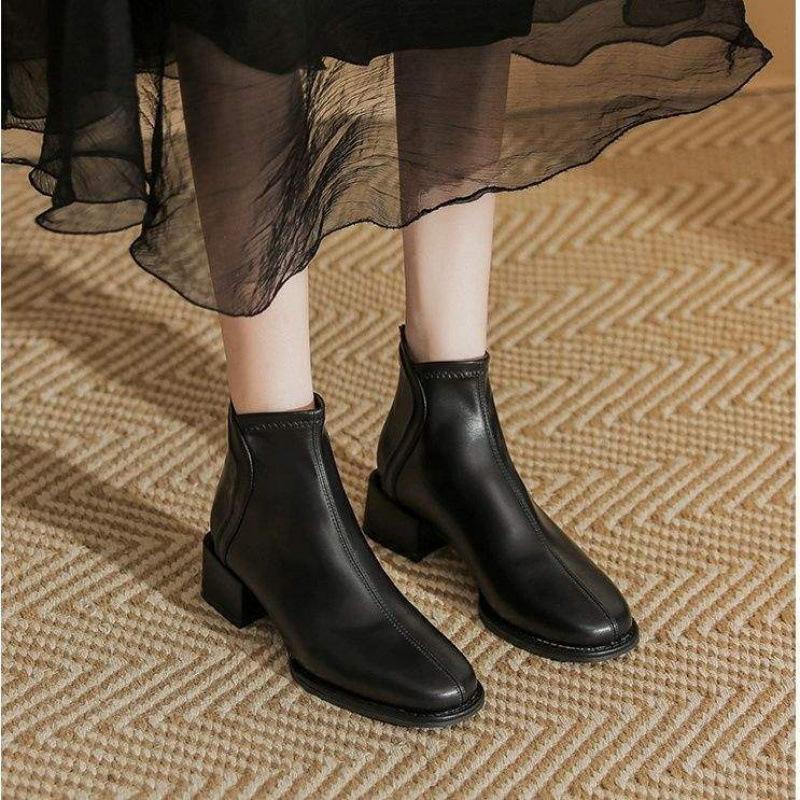French Autumn and Winter Beige Fleece Fried Street Small Thick Heel Skinny Boots Women's High Heels Ankle Boots
