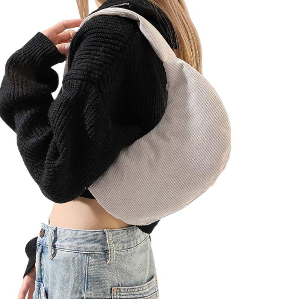 

Solid Color Corduroy Shoulder Bag Korean Style Velvet Underarm Bag Half-moon Shape Tote Bag Travel