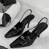 Fashion Baotou Sandals Women Diamond Buckle New Thin Heel Square Hollow Sexy Black Patent Leather Kitten Heels