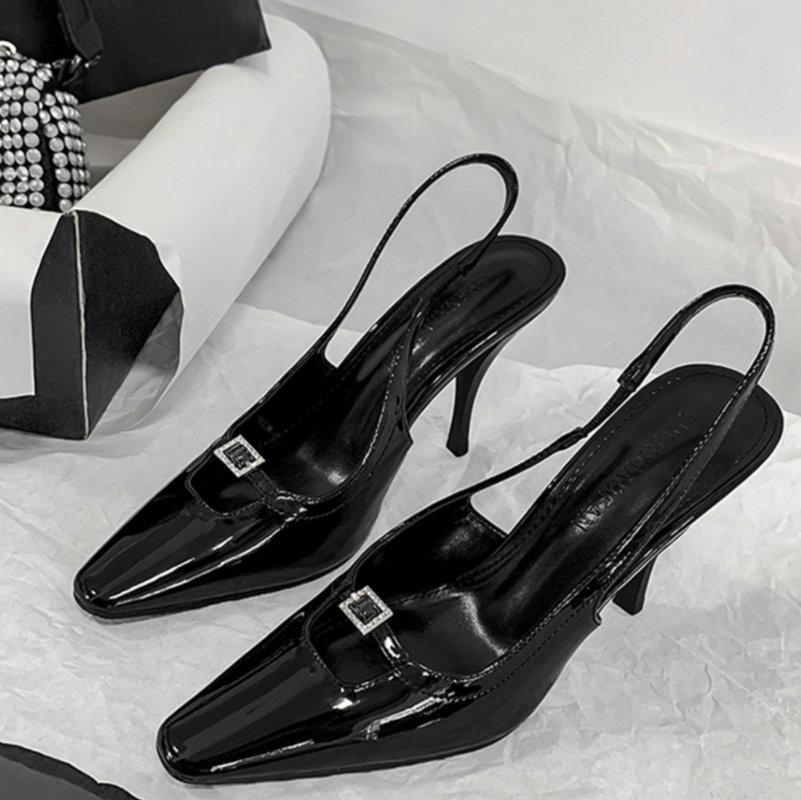 Fashion Baotou Sandals Women Diamond Buckle New Thin Heel Square Hollow Sexy Black Patent Leather Kitten Heels