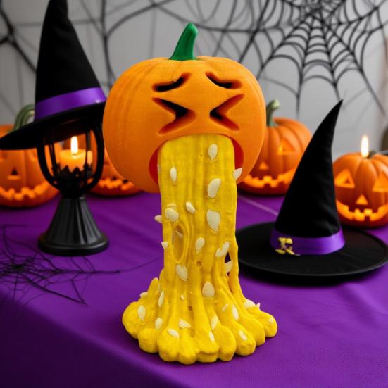 Yousheng Halloween Kotzende Kürbis Figur Urkomische 3D-gedruckte Kotzende Kürbis Statue für Halloween Tischplatte Bücherregal Deko