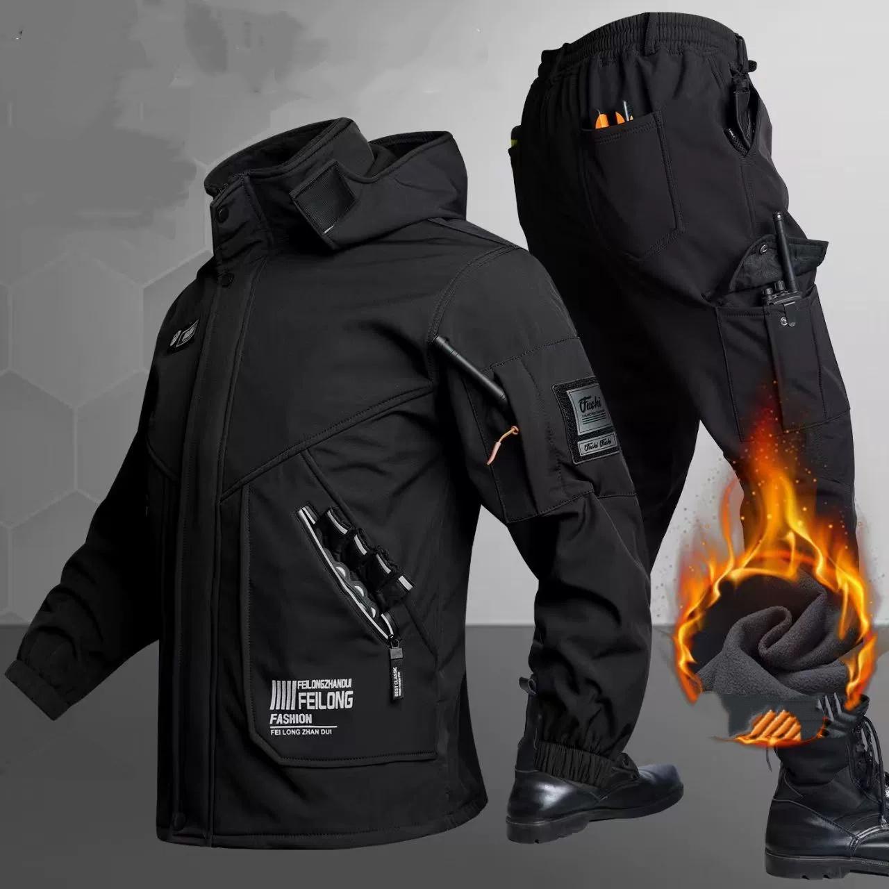 

Утепленный флис Зимняя рабочая одежда Мужской комплект куртка и брюки Ветрозащитный Теплый Водонепроницаемый Износостойкий Униформа для стройки 165 чёрный