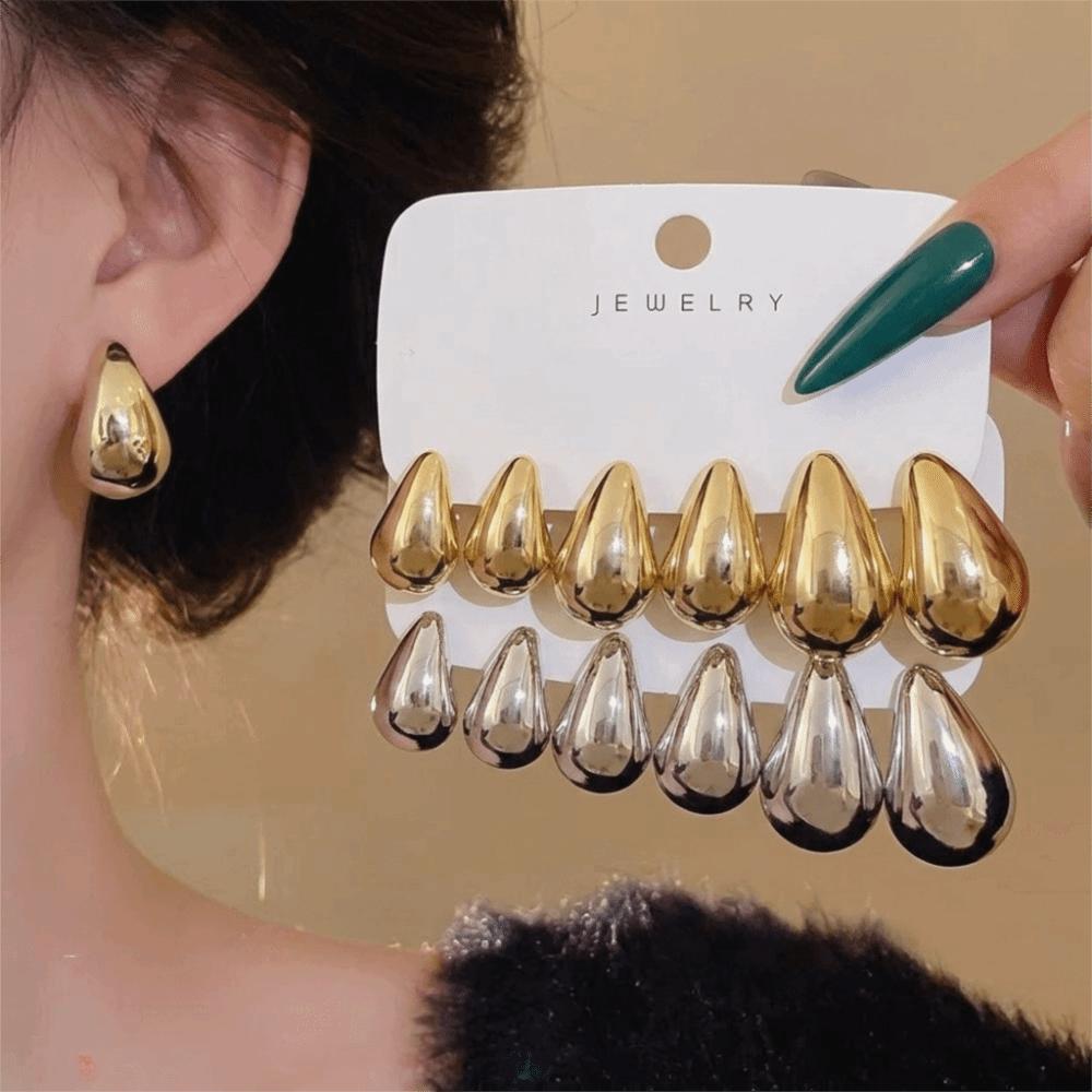 6pairs Gold Plated Waterdrop Earring Set Glossy Finish Hanging Dangle Earring  Daily Wear