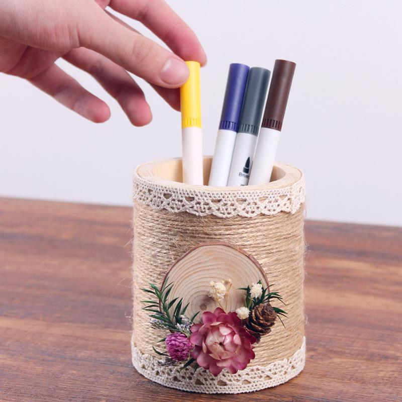 Handmade Jute Rope Pen Holder: DIY Material Kit for Flower Creation & Office Storage