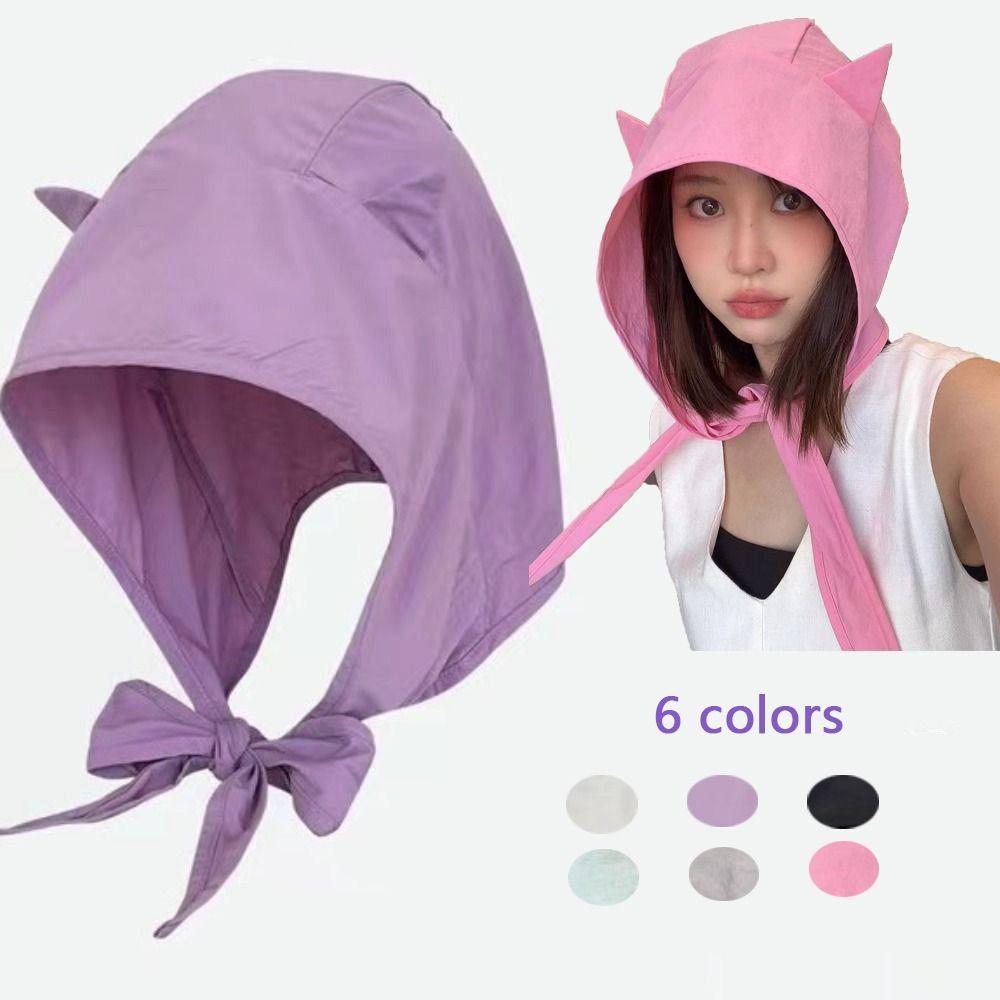 Lace-up Little Devil Hat Solid Color Headscarf Hat Funny Lace-up Pullover Hat  For Girls