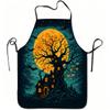 1pc Haunted House Apron with Full Moon, Bats & Pumpkin Lantern Print - Adjustable Waistband, Durable Easy-Clean Polyester Suitable for Kitchen Cooking